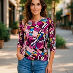 Pierre Cardin M Abstract Colorblock Retro Mod Sweater Crewneck ¾ Sleeve